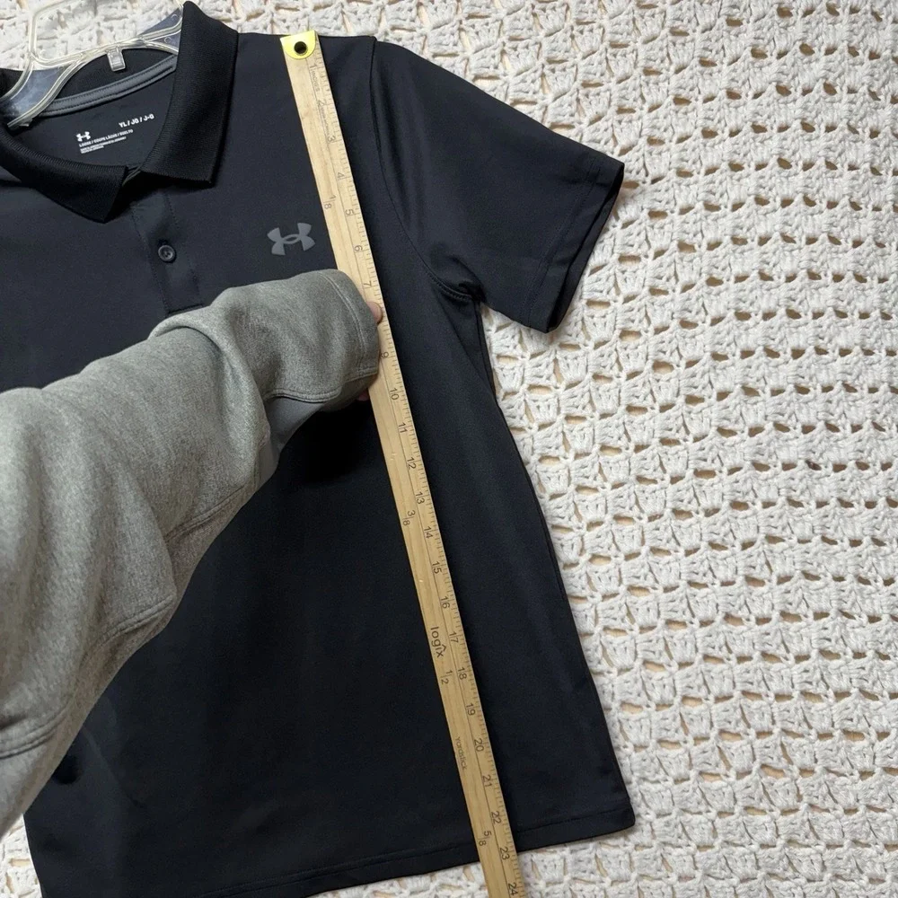 Under Armour Polo Shirt Youth Sz L Black Heat Gear Loose Short Sleeve
